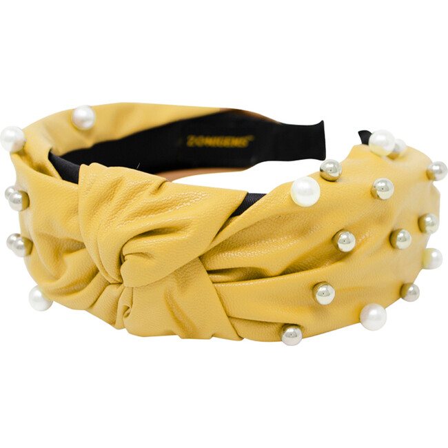 Leather Knotted Peals & Studs Hairband, Yellow