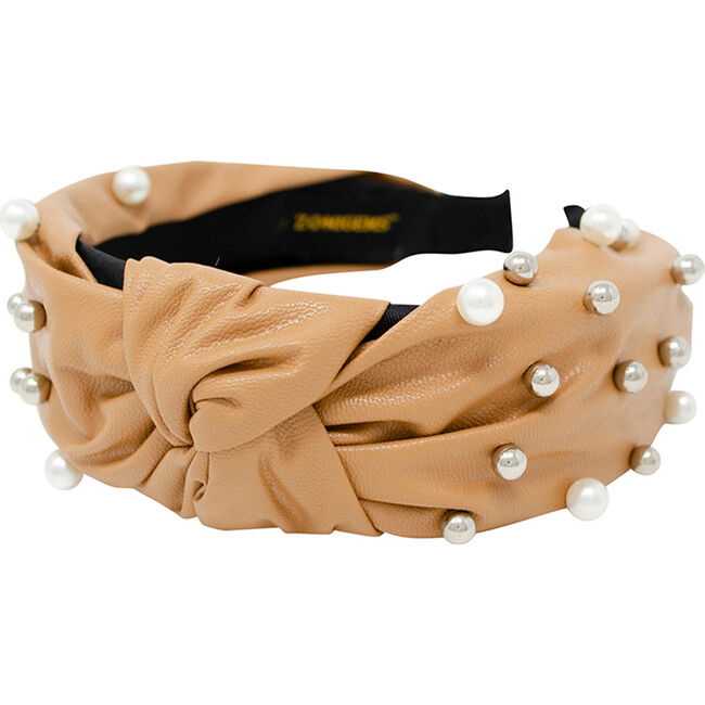 Leather Knotted Peals & Studs Hairband, Cream