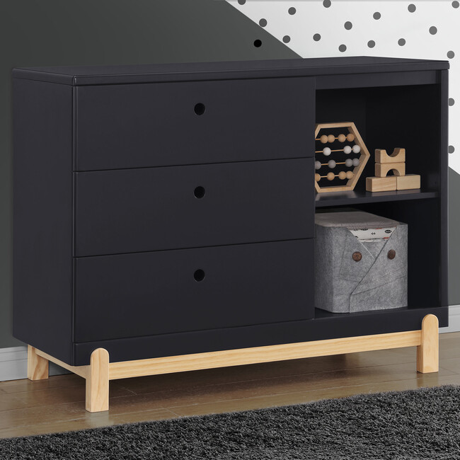 Poppy 3 Drawer Dresser with Cubbies, Midnight Grey/Natural