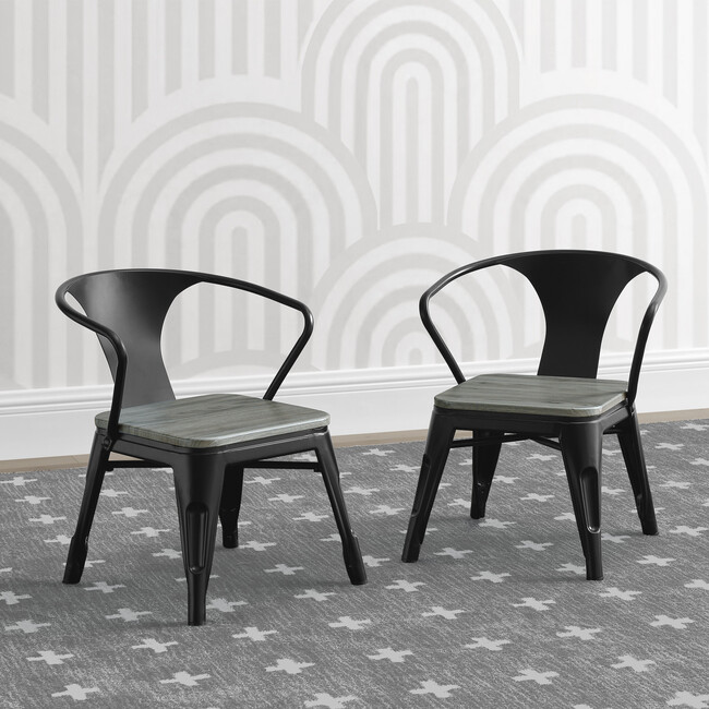 Set of 2 Bistro Chairs, Black Metal/Grey Barnboard