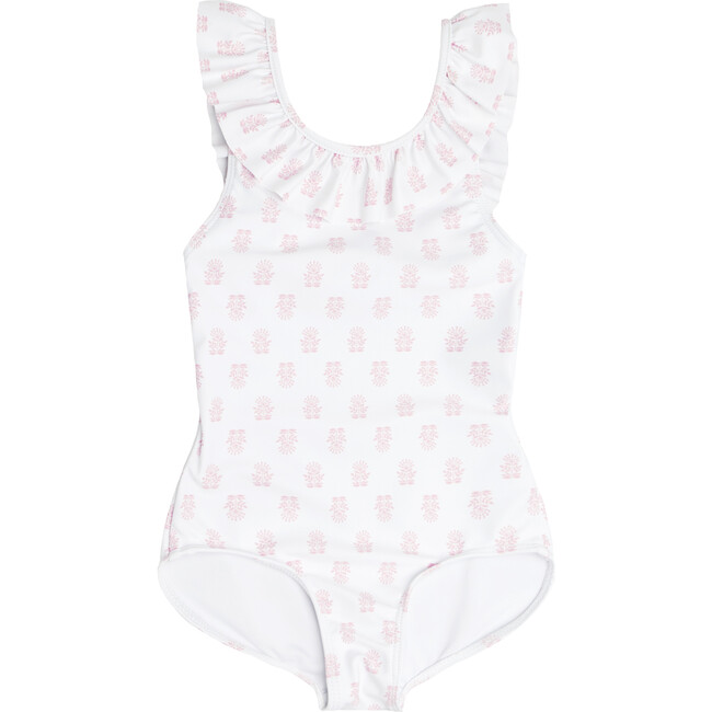 Shell Block Print Ruffle Collar One Piece, White and Pink - One Pieces - 1