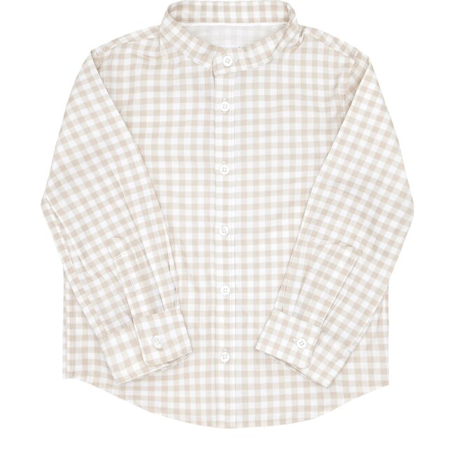 Boys Tan Gingham Long Sleeve Button Down Shirt - Shirts - 1