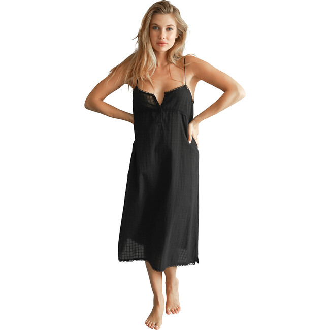 Women's Bleu Nighgown, Black Cotton Batiste - Nightgowns - 1