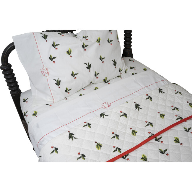 Embroidered Bunny Top Sheet, White/Red