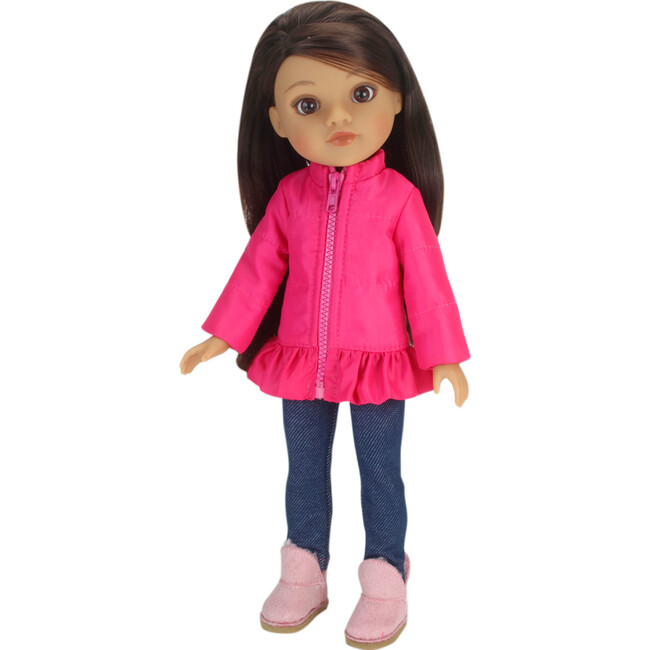 14.5" Doll, Hot Pink Puffy Coat, Blue Jeggings & Pink Suede Boots