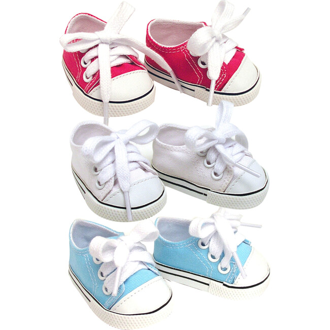 18" Doll Set of 3 Canvas Sneakers, Pink, White, and Blue