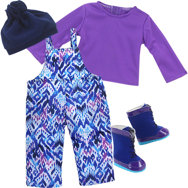 18" Doll Ikat Print Bib Snow Overalls, Purple T, Navy Fleece Hat & Boots Set, Blue