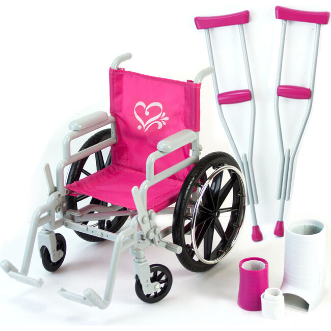 18" Doll Wheelchair & Crutch Set, Hot Pink