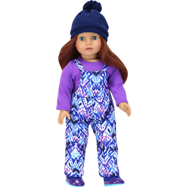 18" Doll Ikat Print Bib Snow Overalls, Purple T, Navy Fleece Hat & Boots Set, Blue - Doll Accessories - 2