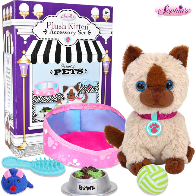 18" Doll, Tan Plush Kitten & Accessories Set, Brown