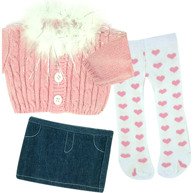 18" Doll Fur Trim Chenille Sweater, Denim Skirt, Heart Tights, Blue/Pink
