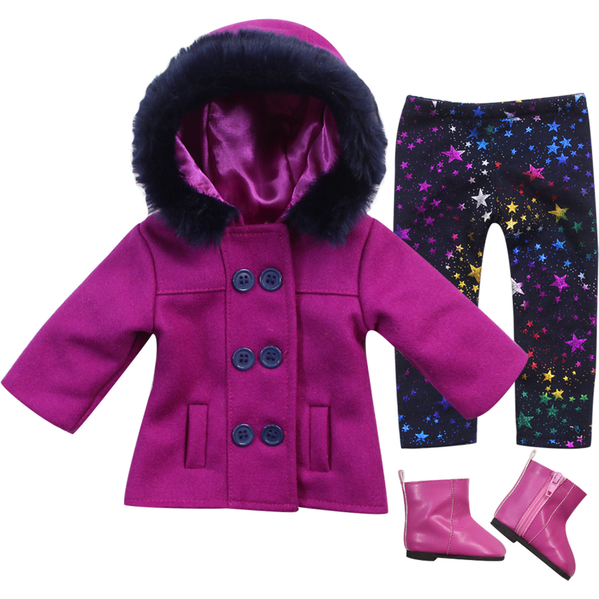 18" Doll Fuchsia Peacoat, Star Print Leggings & Hot Pink Ankle Boots - Doll Accessories - 1