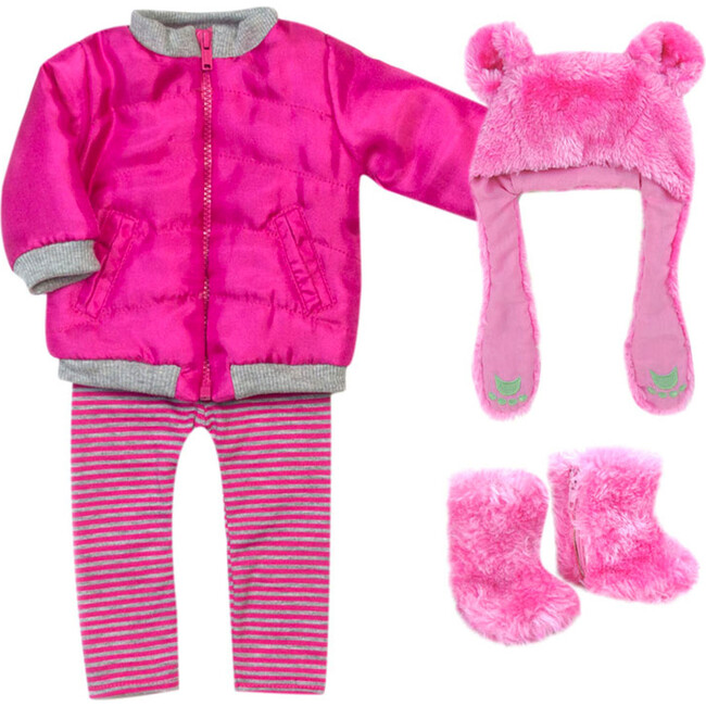 18" Doll Fuchsia Bear Paw Fur Hat, Nylon Jacket, Stripe Leggings & Boots, Hot Pink