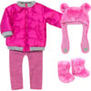 18" Doll Fuchsia Bear Paw Fur Hat, Nylon Jacket, Stripe Leggings & Boots, Hot Pink - Doll Accessories - 1 - thumbnail