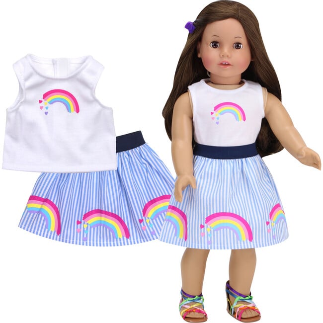 18" Doll Rainbow Stripe Skirt & Tank, White - Doll Accessories - 3