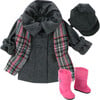 18" Doll Wool Coat, Hat, Plaid Scarf & Pink Boots, Gray - Doll Accessories - 1 - thumbnail