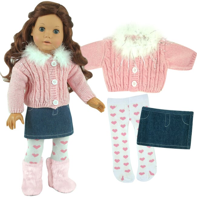 18" Doll Fur Trim Chenille Sweater, Denim Skirt, Heart Tights, Blue/Pink - Doll Accessories - 2