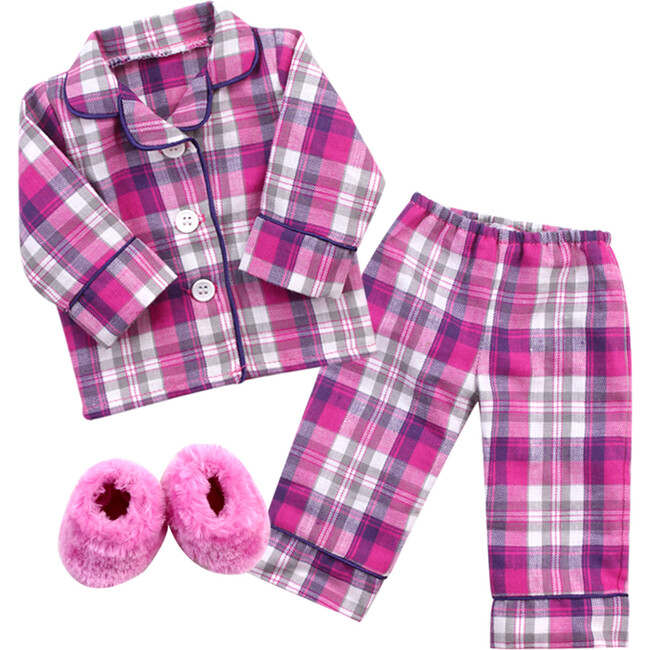 18" Doll Flannel Pajama & Slippers Set, Pink