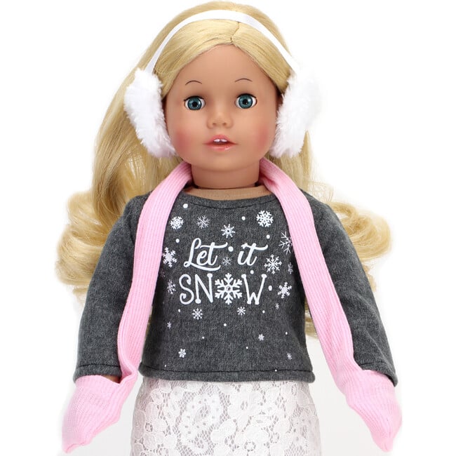 18" Doll "Let It Snow" Sweater, Lace Skirt, Leggings, Earmuffs, Pocket Scarf & Ewe Boots - Doll Accessories - 3