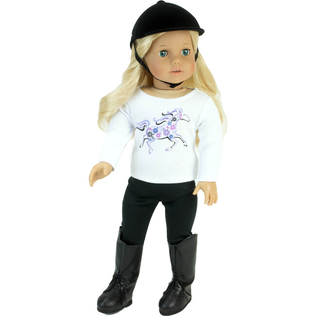 18" Doll, Purple Horse T, Black Leggings, Black Riding Helmet & Black Riding Boots, White - Doll Accessories - 2