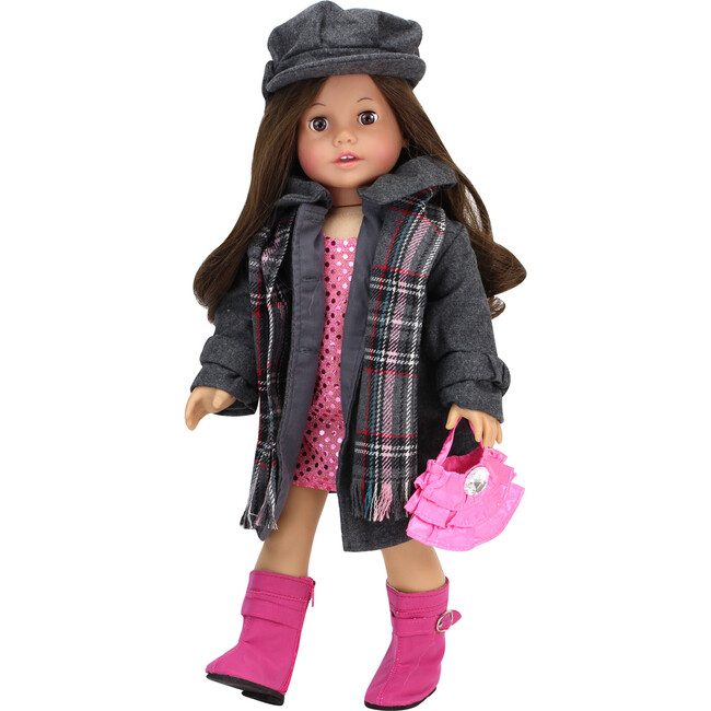 18" Doll Wool Coat, Hat, Plaid Scarf & Pink Boots, Gray