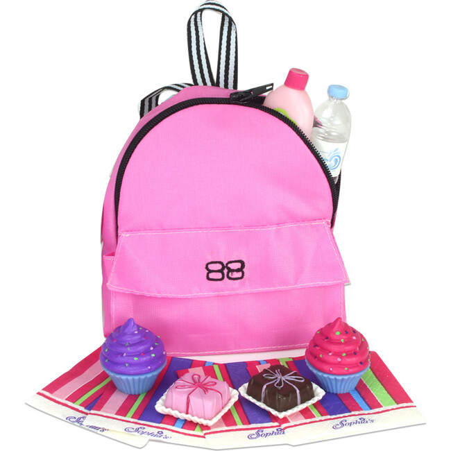 18" Doll Backpack, Bottle, Lotion, Beach Ball, Napkins, Cupcake & Petit Four Set, Hot Pink