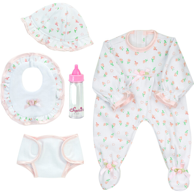 15" Doll Floral Print Sleeper, Bib, Hat & Diaper Complete Set, Light Pink - Doll Accessories - 1