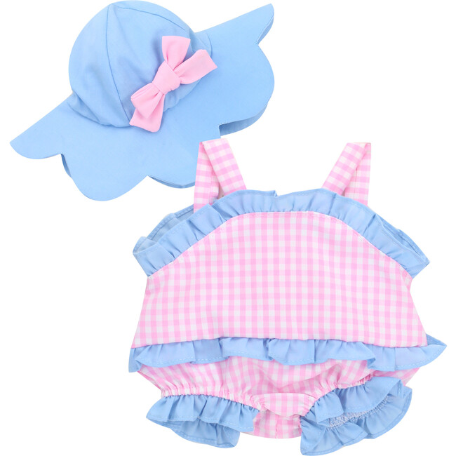 15" Doll Gingham Romper & Hat, Light Pink