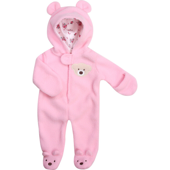 15" Doll Fleece Bear Hooded Snowsuit, Light Pink