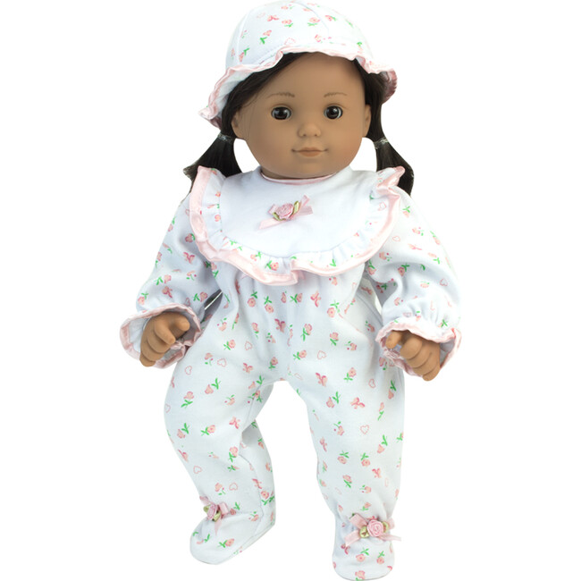 15" Doll Floral Print Sleeper, Bib, Hat & Diaper Complete Set, Light Pink