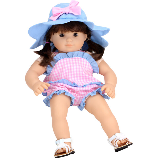 15" Doll Gingham Romper & Hat, Light Pink - Doll Accessories - 2