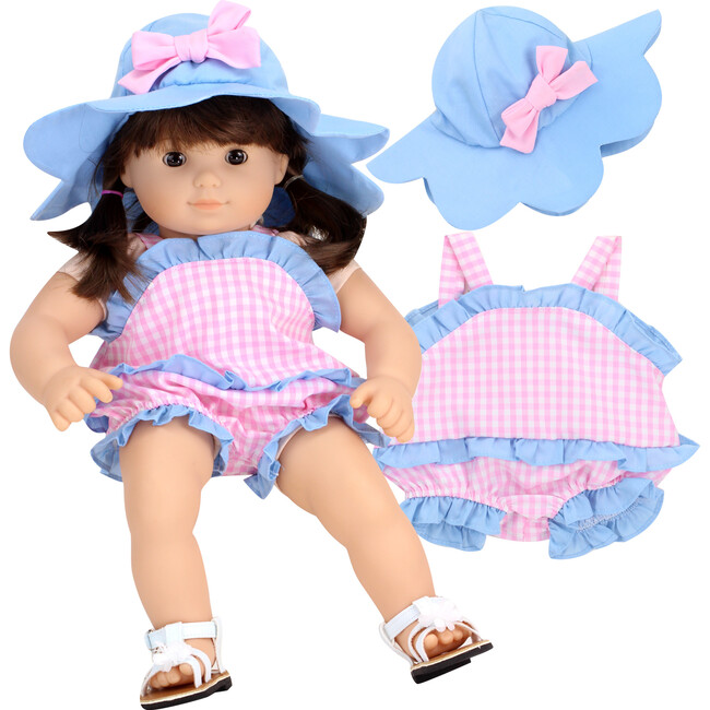 15" Doll Gingham Romper & Hat, Light Pink - Doll Accessories - 3