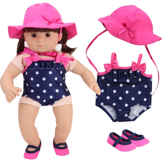 15" Doll Polka Dot Bating Suit, Hat & Water Shoes, Pink - Doll Accessories - 3