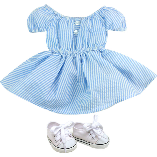 18" Doll Blue & White Stripe Dress, White Canvas Sneakers