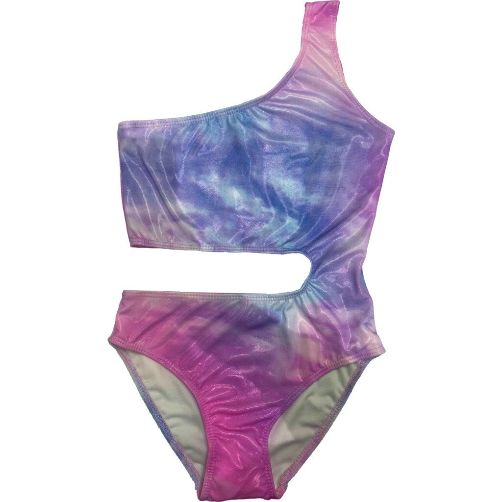 Girls One Piece One Shoulder Cutout Bathing Suit Bikini, Pink Tie Dye - One Pieces - 1