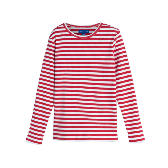 Ruby Ribbed Long Sleeve, Red Stripe - Shirts - 1