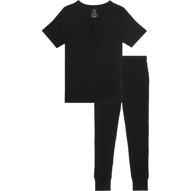 Solid Ribbed Women Short Sleeve Loungewear, Black