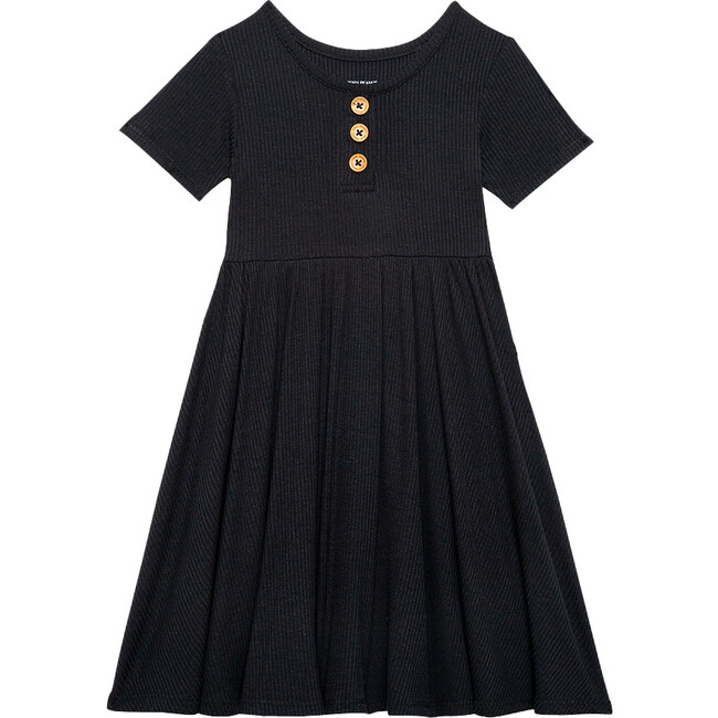 Solid Ribbed Short Sleeve Henley Twirl Dress, Black