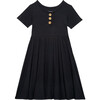 Solid Ribbed Short Sleeve Henley Twirl Dress, Black - Dresses - 1 - thumbnail