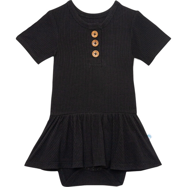 Solid Ribbed Short Sleeve Henley With Twirl Skirt Bodysuit, Black