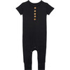 Solid Ribbed Short Sleeve Henley Romper, Black - Rompers - 1 - thumbnail