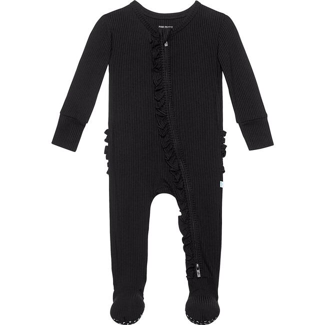 Solid Ribbed Footie Ruffled Zippered One Piece, Black