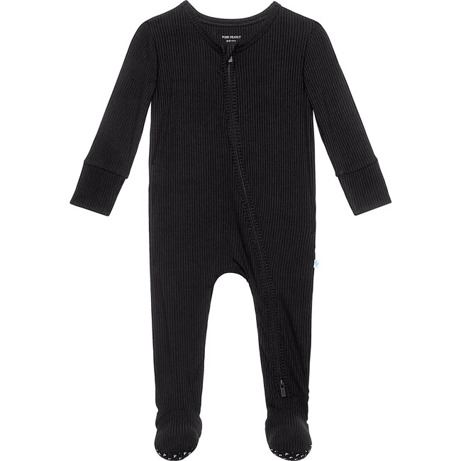 Solid Ribbed Footie Zippered One Piece, Black