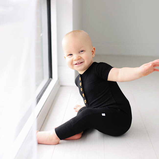 Solid Ribbed Short Sleeve Henley Romper, Black - Rompers - 3