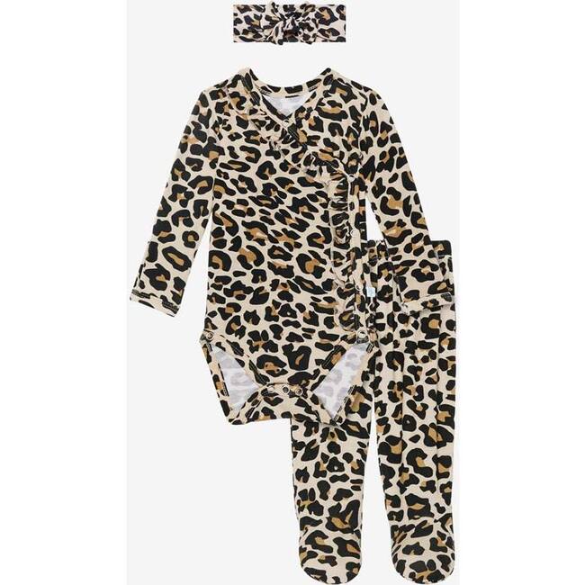 Ruffled Kimono Set Footie Pants & Headband Set, Lana Leopard Tan