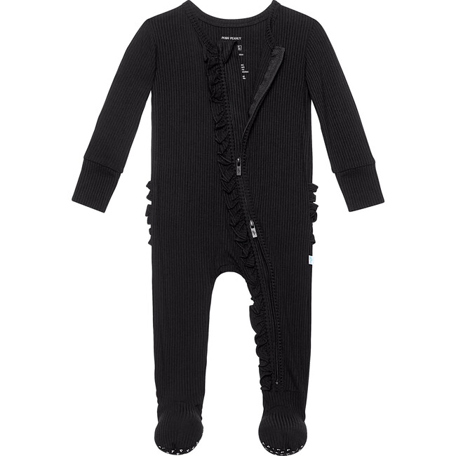 Solid Ribbed Footie Ruffled Zippered One Piece, Black - Onesies - 2