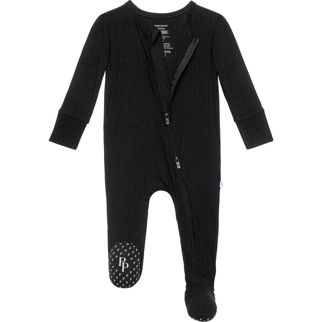 Solid Ribbed Footie Zippered One Piece, Black