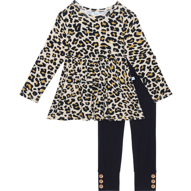 Long Sleeve Basic Peplum Top & Legging Set, Lana Leopard Tan
