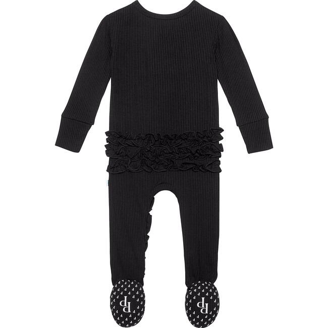 Solid Ribbed Footie Ruffled Zippered One Piece, Black - Onesies - 3