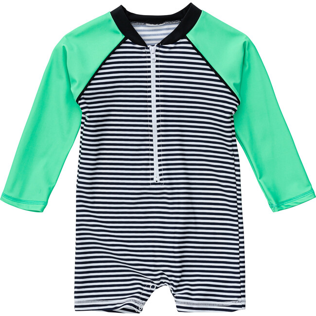 Stripe Sustainable Long Sleeve Sunsuit, Green Black - One Pieces - 1